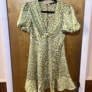 Zara Women's Lime Green & White Floral V-neck Knot Twist Keyhole Mini Dress - XS